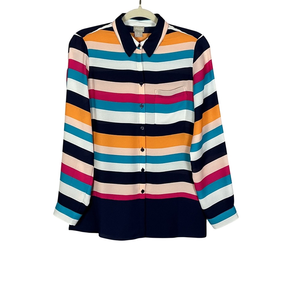 Chicos Womens Multi Color Striped Button Down Blouse Long Sleeve Size 0 US 4/6